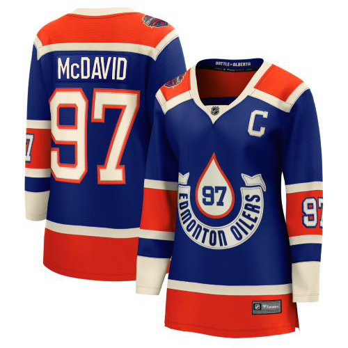 Womens NHL Edmonton Oilers #97 Connor McDavid Fanatics Branded 2023 Heritage Classic Breakaway Jersey