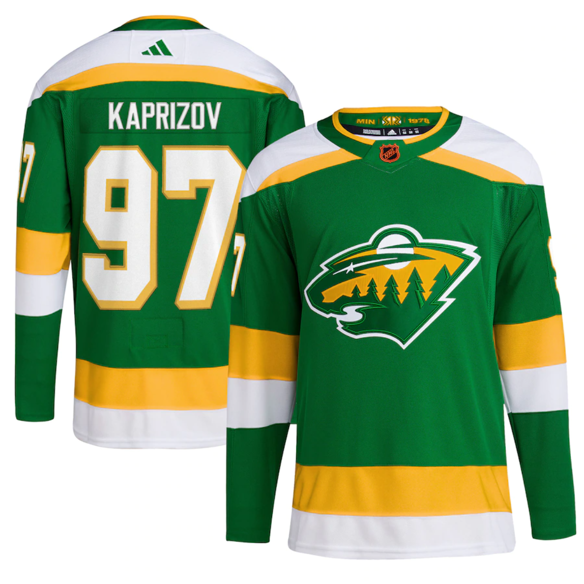 Mens NHL Minnesota Wild #97 Kirill Kaprizov Adidas Primegreen Reverse Retro Green