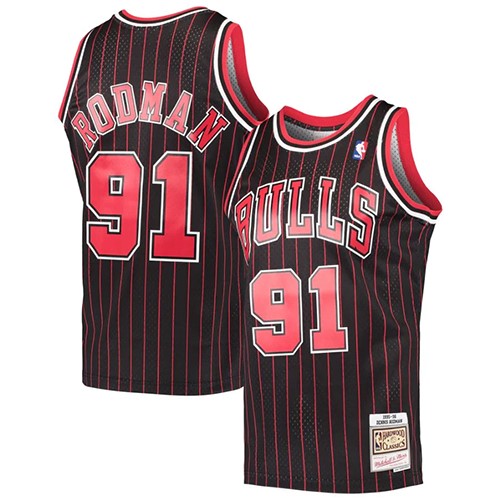 Mens NBA Chicago Bulls #91 Dennis Rodman Mitchell & Ness 1995-96 Black Hardwood Classics Swingman
