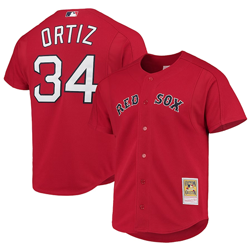 Boston Red Sox #34 David Ortiz Mitchell & Ness Cooperstown Collection Mesh Batting Practice Button-Up Jersey - Red