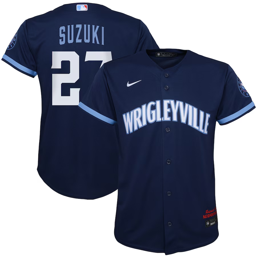 Chicago Cubs #27 Seiya Suzuki Nike Preschool City Connect Script Replica Player Jersey- Navy