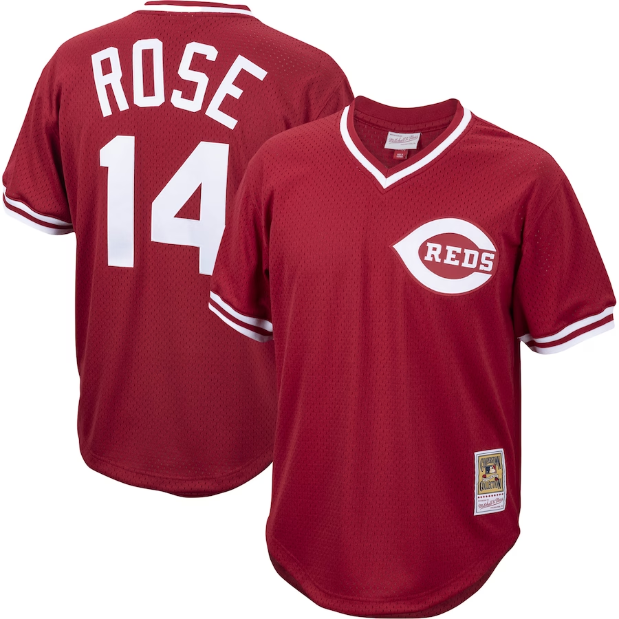 Cincinnati Reds #14 Pete Rose Mitchell & Ness Cooperstown Collection Mesh Batting Practice Jersey- Red