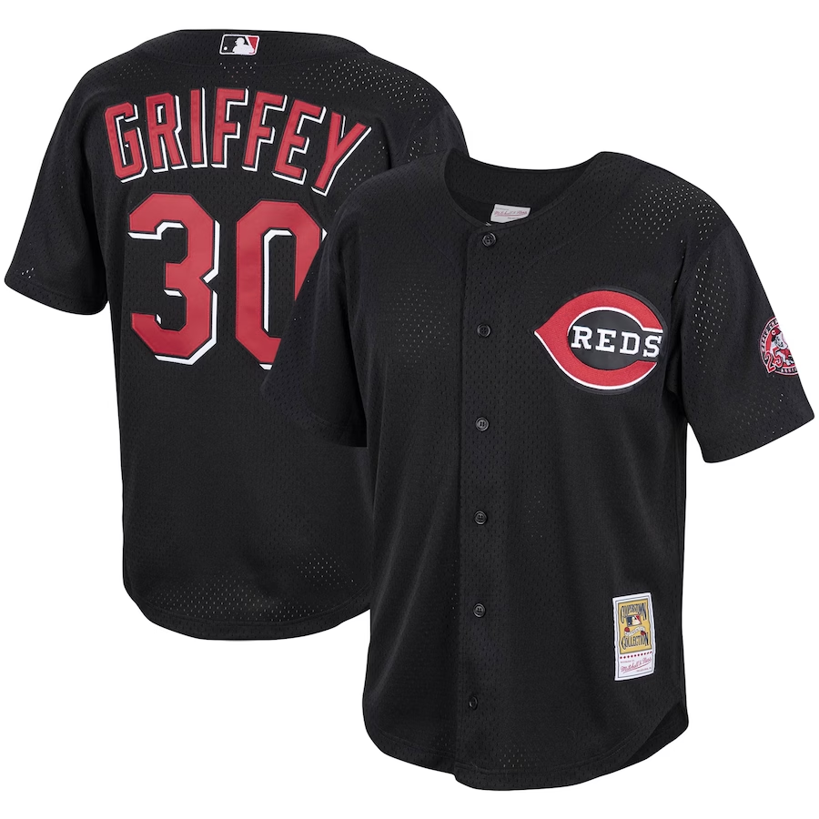 Cincinnati Reds #30 Ken Griffey Jr. Mitchell & Ness Cooperstown Collection Mesh Batting Practice Button-Up Jersey- Black