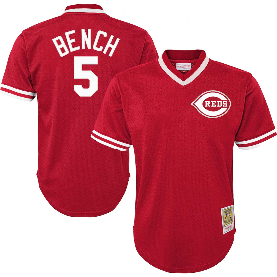 Cincinnati Reds Youth #5 Johnny Bench Mitchell & Ness Cooperstown Collection Mesh Batting Practice Jersey- Red
