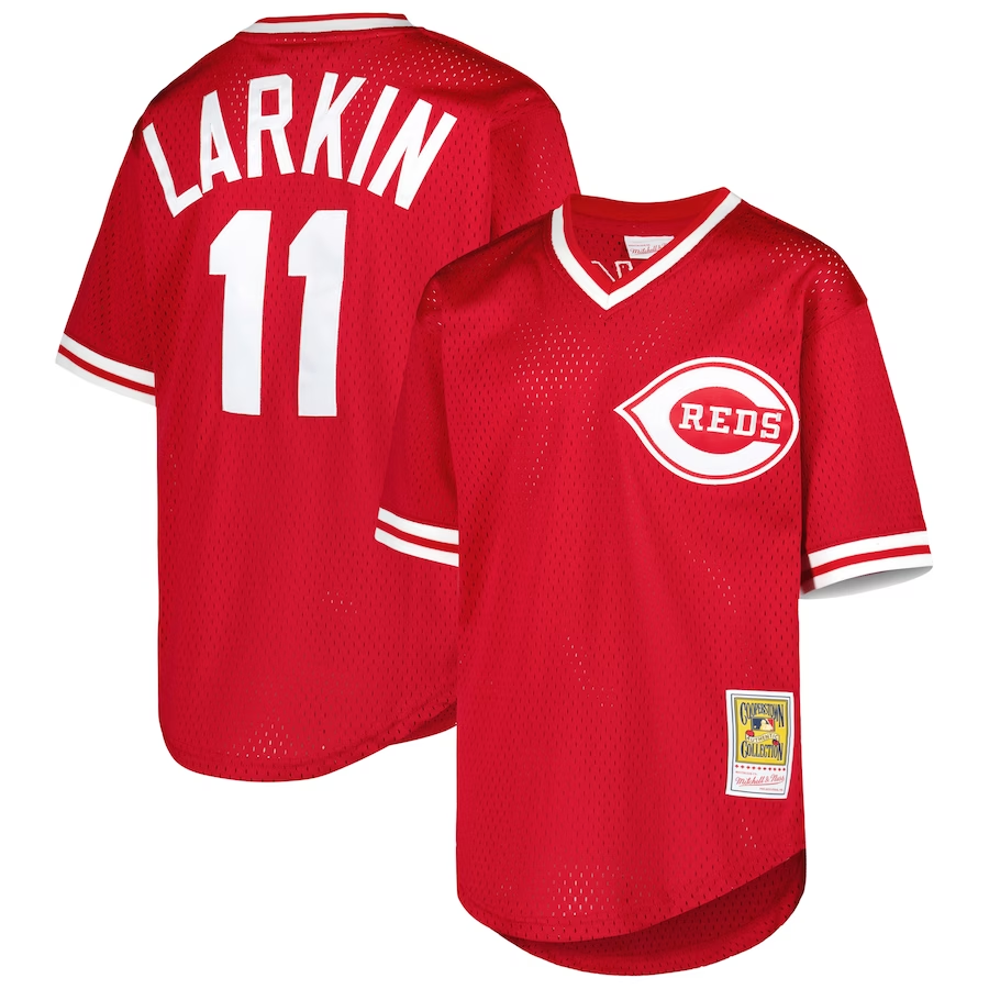 Cincinnati Reds Youth #11 Barry Larkin Mitchell & Ness Cooperstown Collection Mesh Batting Practice Jersey- Red