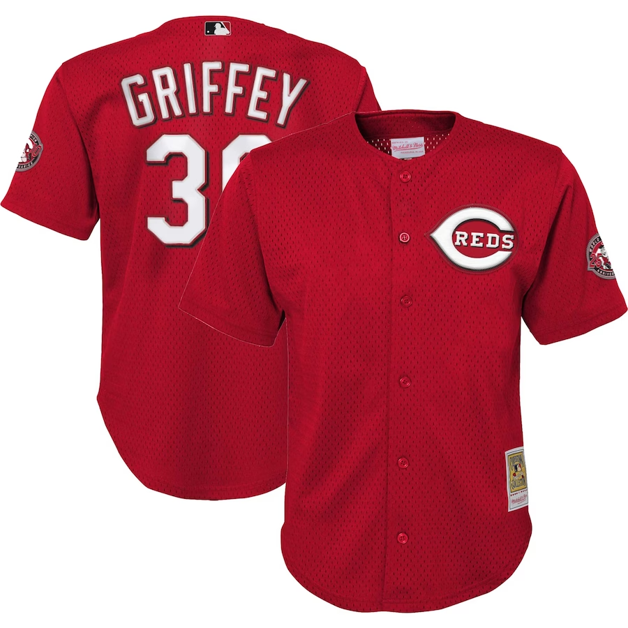 Cincinnati Reds Youth #30 Ken Griffey Jr. Mitchell & Ness Cooperstown Collection Mesh Batting Practice Jersey- Red