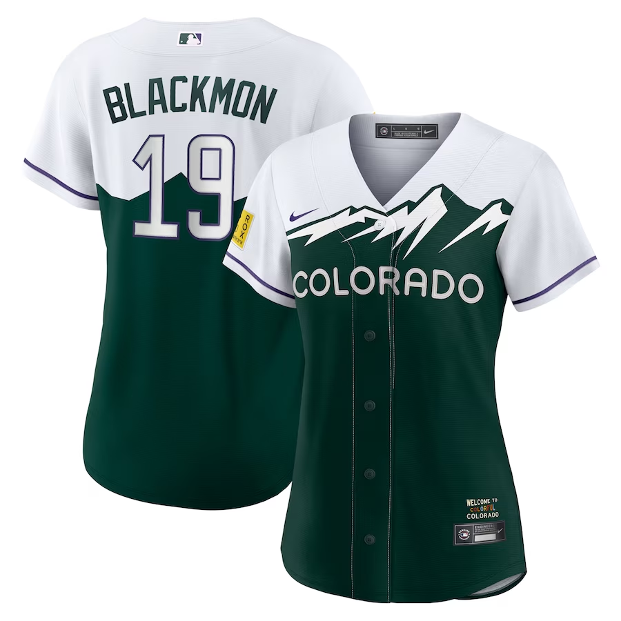 Colorado Rockies Womens #19 Charlie Blackmon Nike City Connect Replica Player Jersey- WhiteForest Green