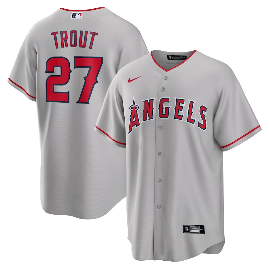 Los Angeles Angels #27 Mike Trout Nike Road Replica Player Name Jersey- Silver