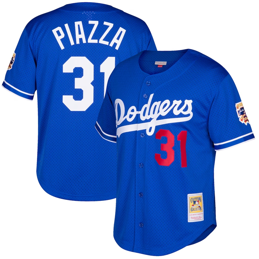Los Angeles Dodgers #31 Mike Piazza Mitchell & Ness Cooperstown Collection Mesh Batting Practice Button-Up Jersey - Royal