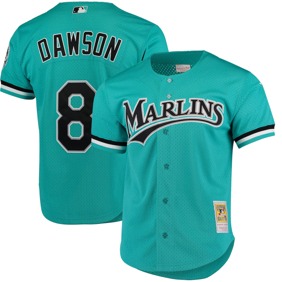 Miami Marlins #8 Andre Dawson Mitchell & Ness Cooperstown Collection Mesh Batting Practice Button-Up Jersey - Teal