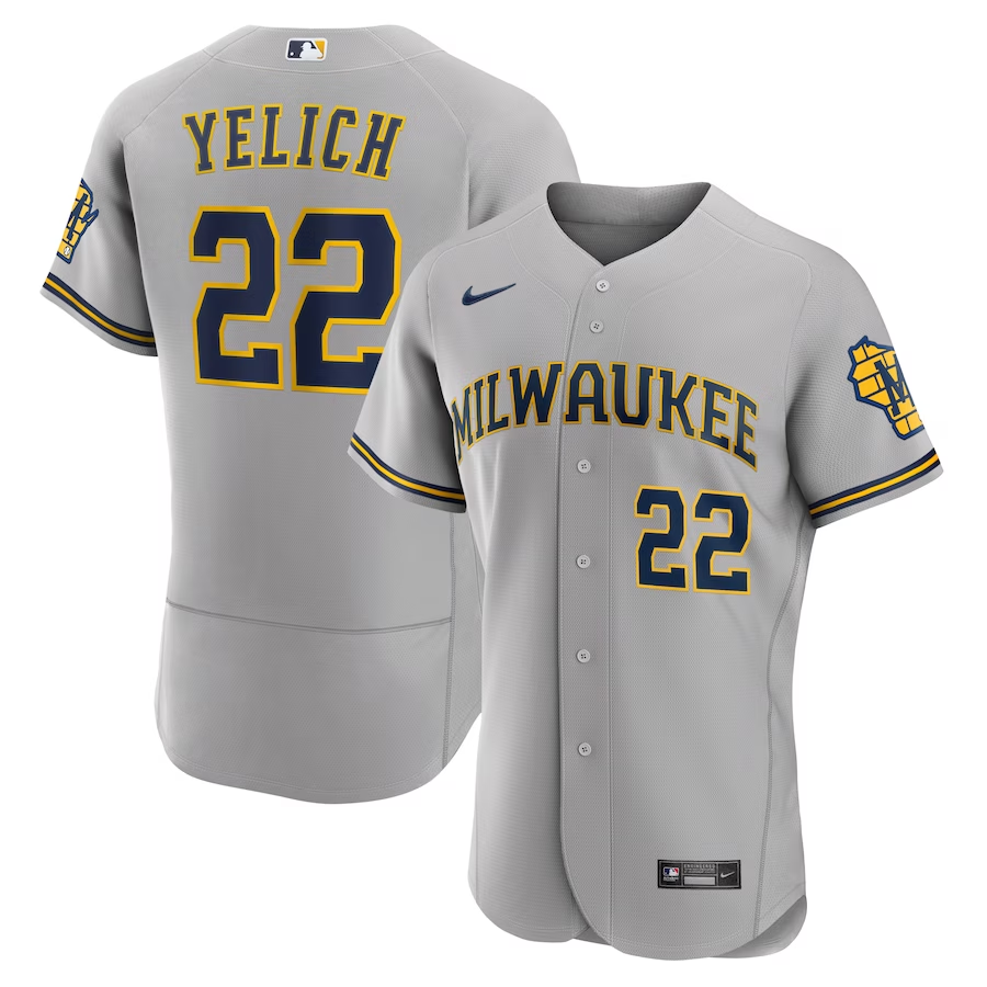 Milwaukee Brewers #22 Christian Yelich Nike Road Authentic Player Logo Jersey - Gray