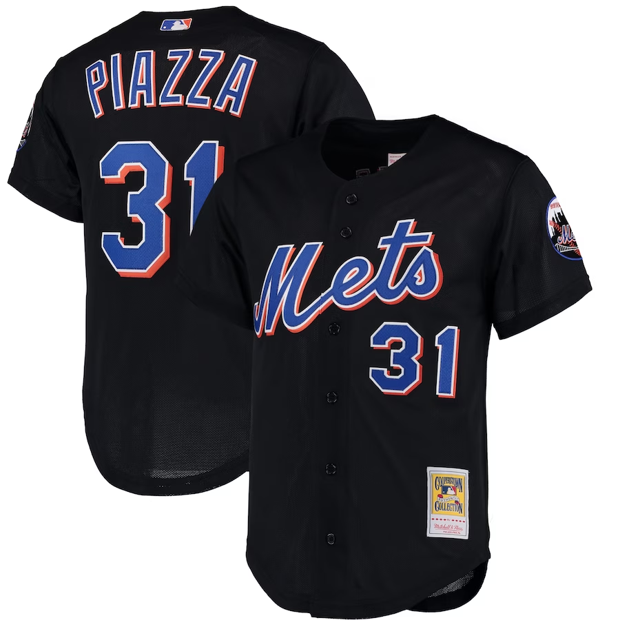 New York Mets #31 Mike Piazza Mitchell & Ness Cooperstown Collection Mesh Batting Practice Button-Up Jersey - Black