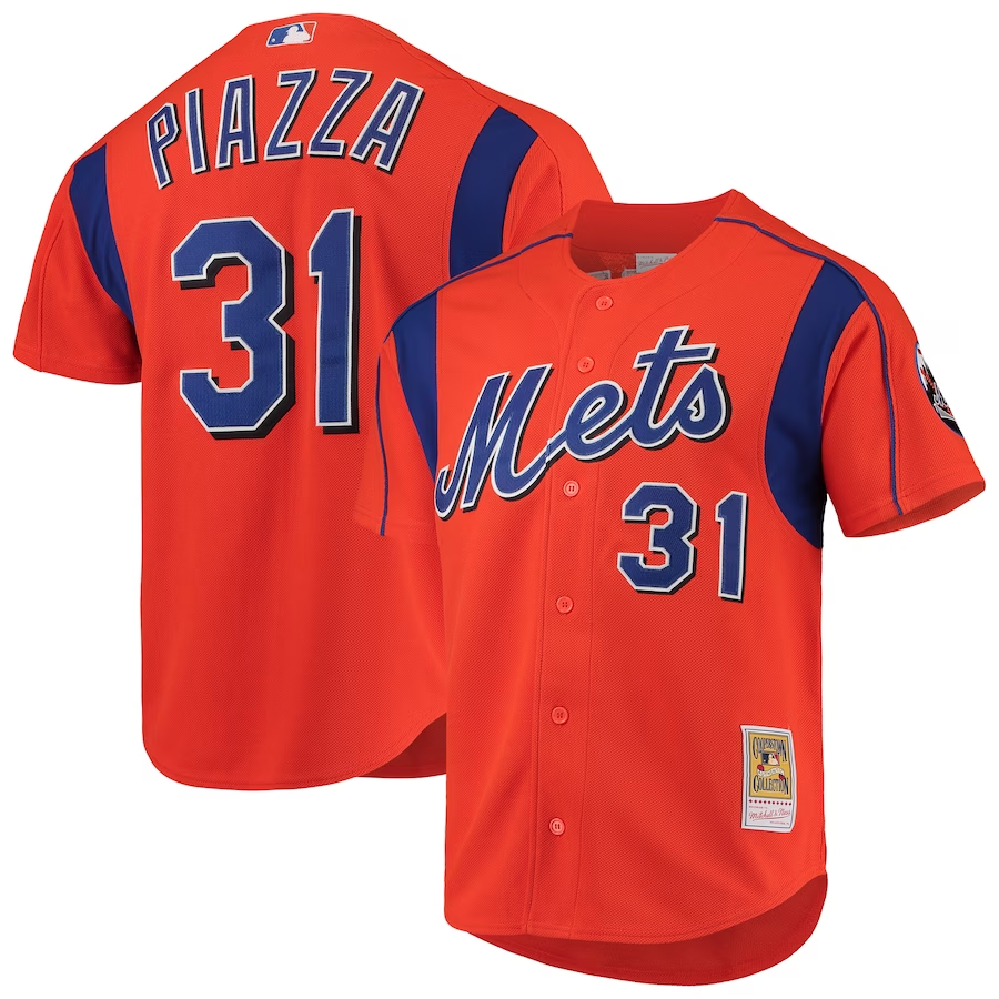 New York Mets #31 Mike Piazza Mitchell & Ness Cooperstown Collection Mesh Batting Practice Button-Up Jersey - Orange
