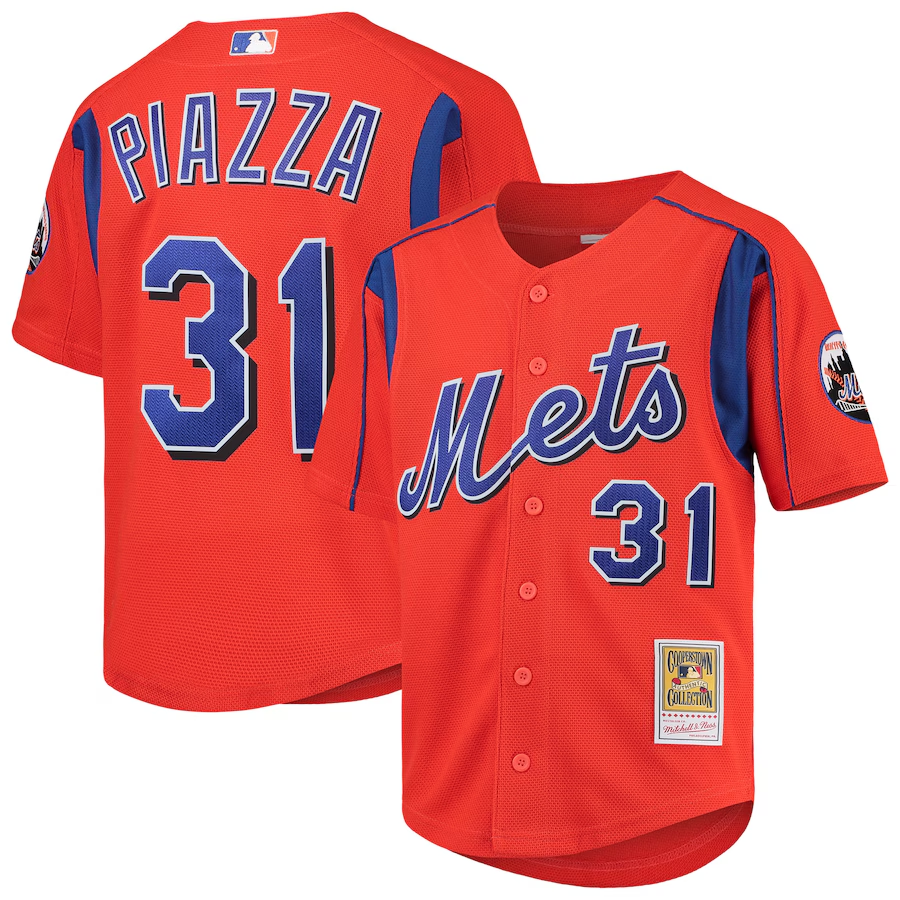 New York Mets Youth #31 Mike Piazza Mitchell & Ness Cooperstown Collection Mesh Batting Practice Jersey - Orange