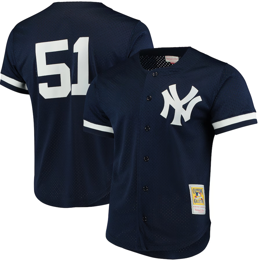 New York Yankees #51 Bernie Williams Mitchell & Ness Cooperstown Collection Mesh Batting Practice Button-Up Jersey - Navy