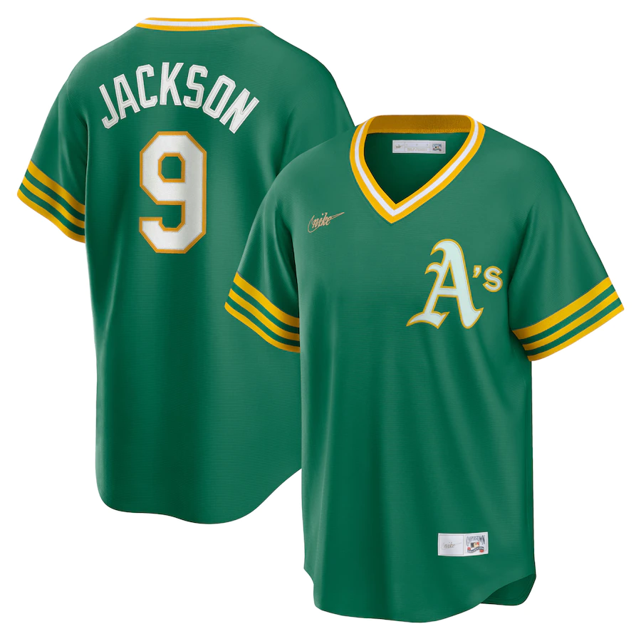 Oakland Athletics #9 Reggie Jackson Nike Road Cooperstown Collection Player Jersey - Kelly Green