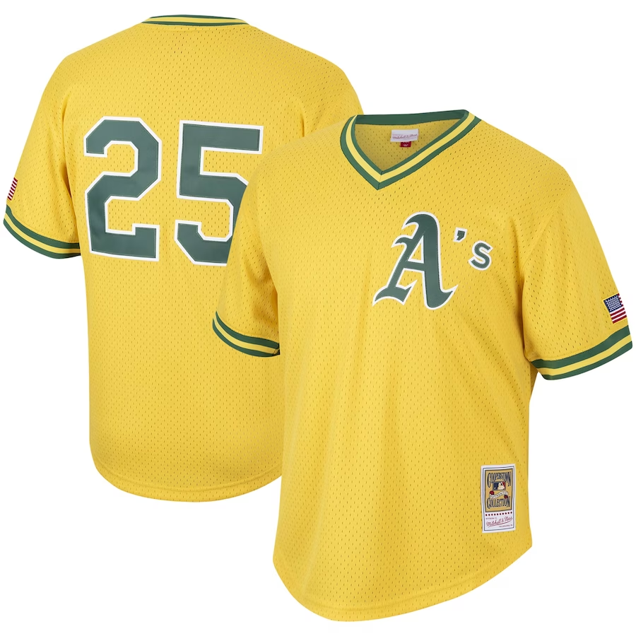 Oakland Athletics #25 Mark McGwire Mitchell & Ness Cooperstown Collection Mesh Batting Practice Jersey - Gold
