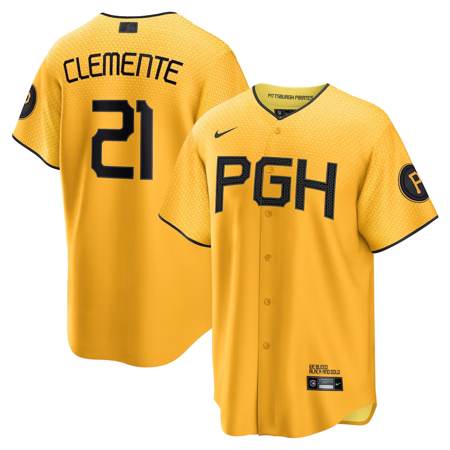 Pittsburgh Pirates #21 Roberto Clemente Nike City Connect Replica Player Jersey - Gold