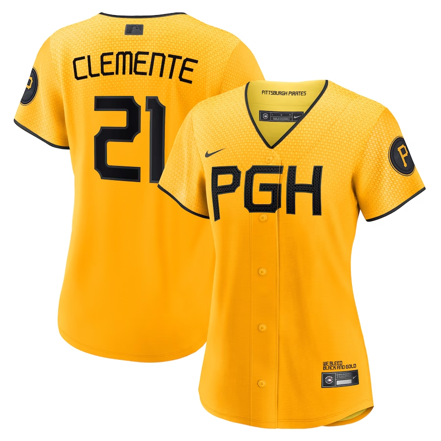 Pittsburgh Pirates Womens #21 Roberto Clemente Nike City Connect Replica Player Jersey - Gold