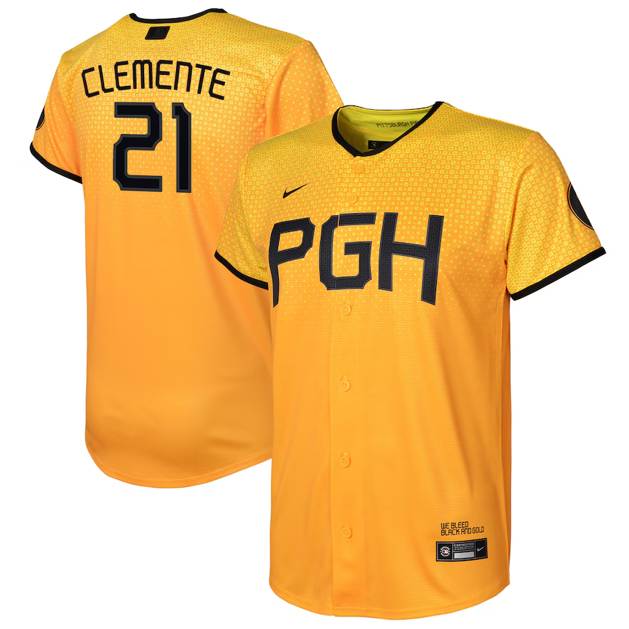 Pittsburgh Pirates Youth #21 Roberto Clemente Nike City Connect Replica Player Jersey - Gold