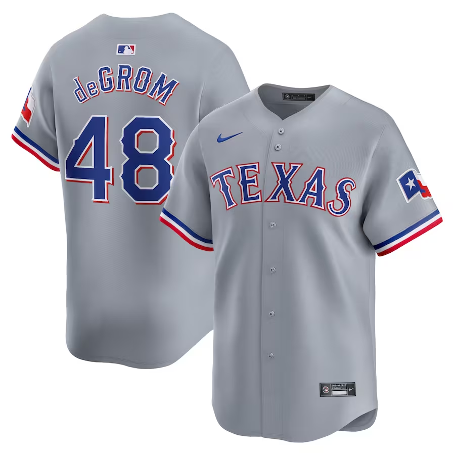 Texas Rangers #48 Jacob deGrom Nike Away Limited Player Jersey - Gray